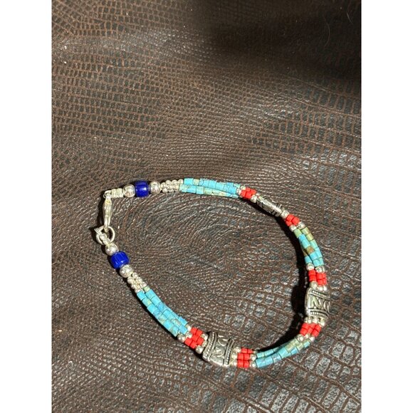 Turquoise & Coral Beaded Bracelet With Silver-Tone Accents Lobster Clasp Adjust - Picture 3 of 4